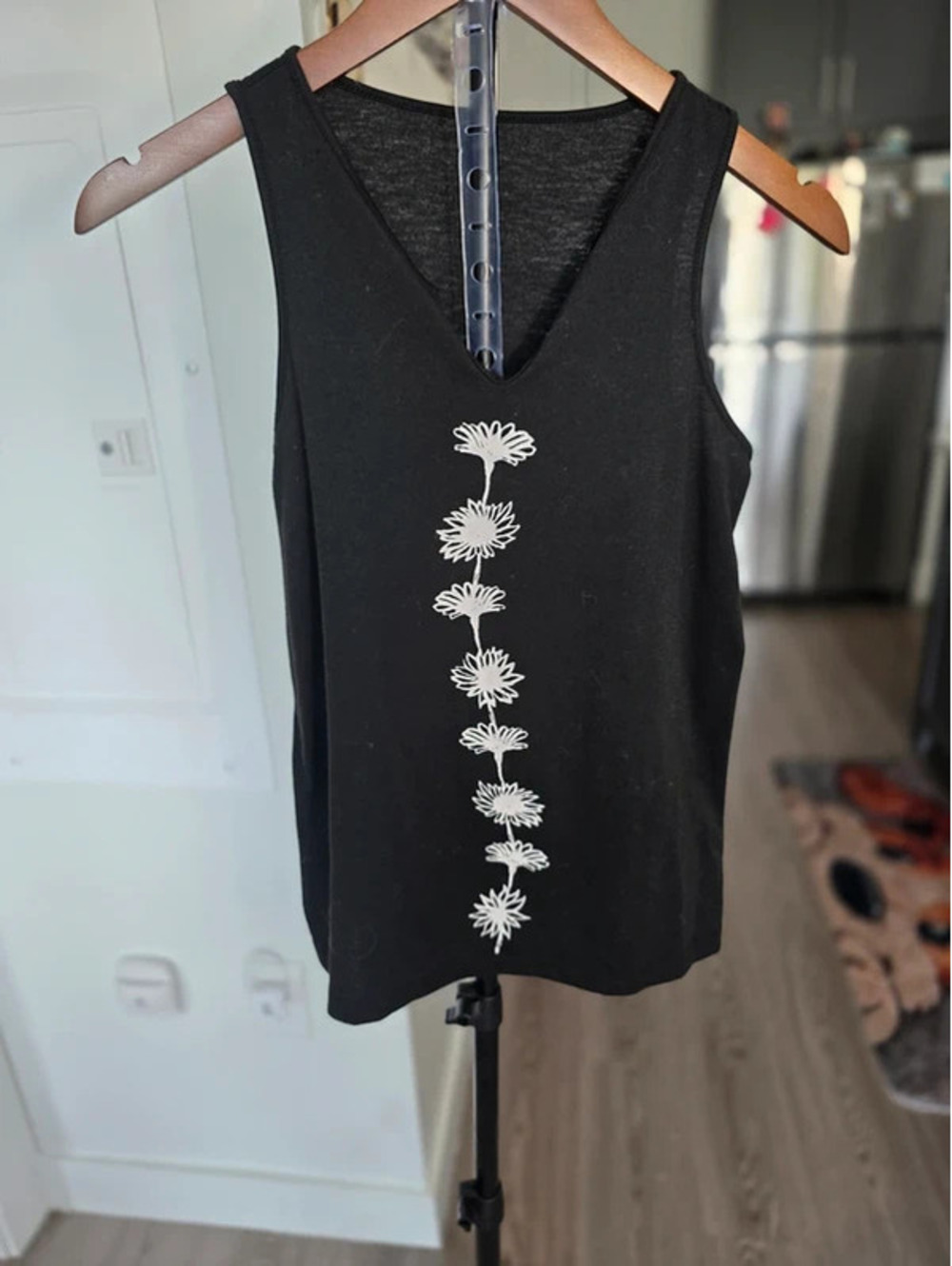 Black Sleeveless Tank Top with White Floral Print, Size Small